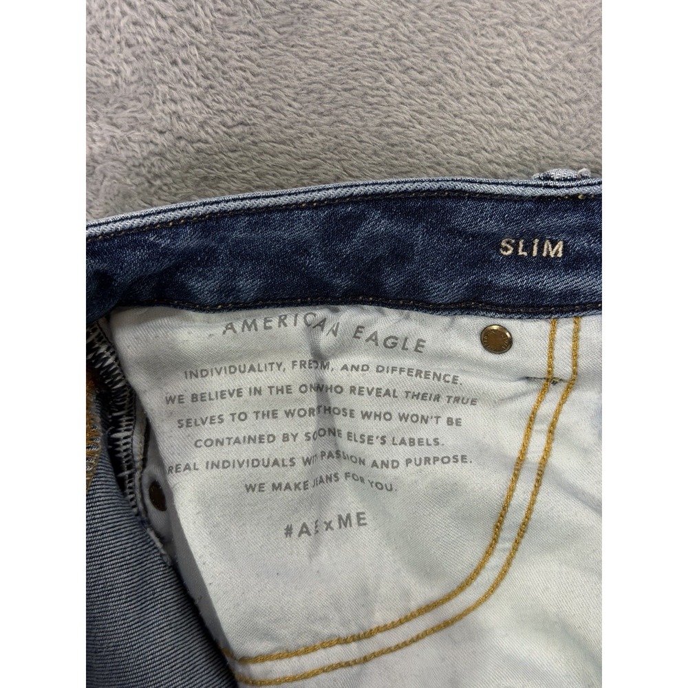 American Eagle Jeans Mens 30x32 Blue Denim Slim Straight Distressed Patch - Picture 8 of 10